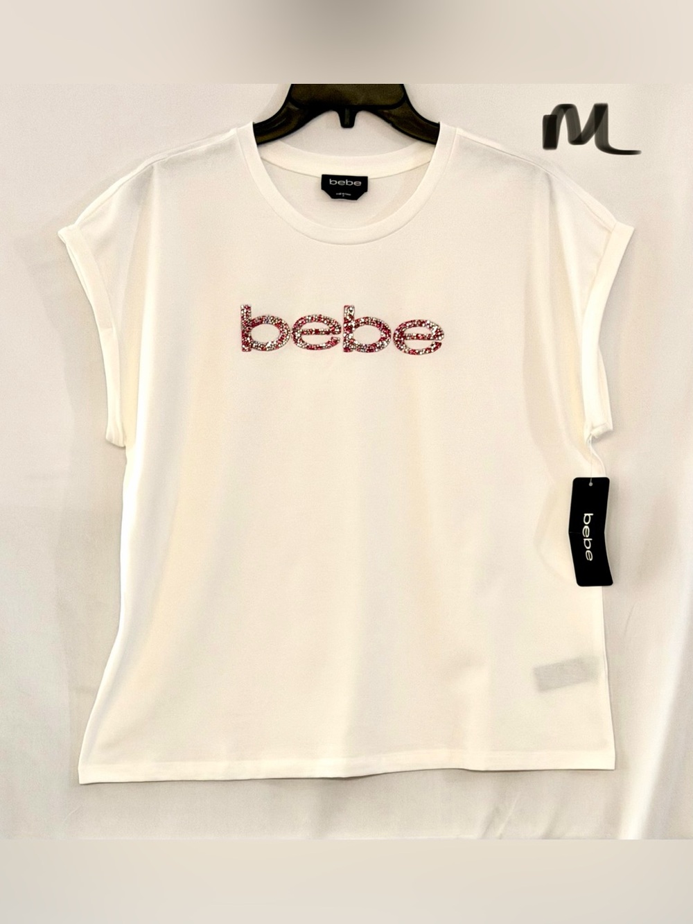 bebe White Short Sleeve Tee with Pink Sequin Logo